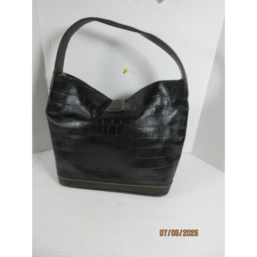 Dooney & Bourke Black Croc Embossed Leather Hobo Bag Brown Trim Lobster Clasp